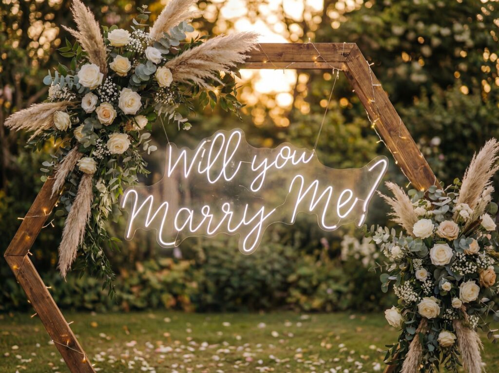 'Will You Marry Me?' neon sign displayed beneath a boho wooden arch with white pampas grass and floral arrangements in an outdoor garden setting