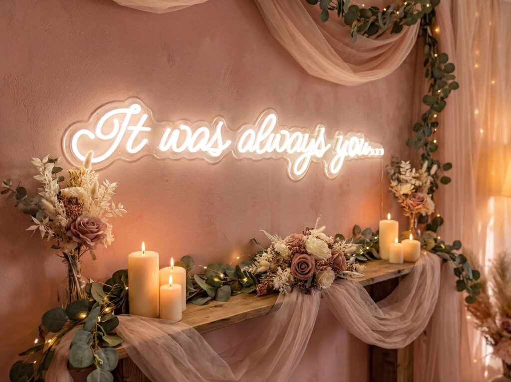 'It Was Always You' warm neon sign glowing above a romantic candlelit table with pink drapery and floral garlands