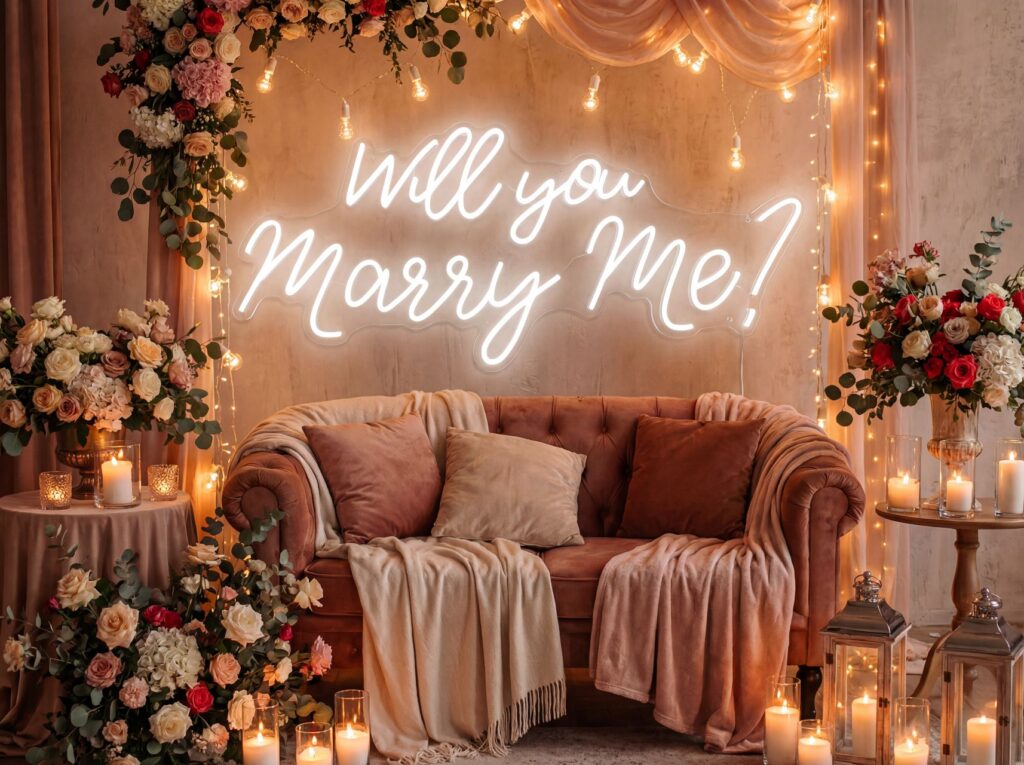 'Will You Marry Me?' warm neon sign above a plush sofa adorned with flowers and candles in a softly lit romantic proposal room