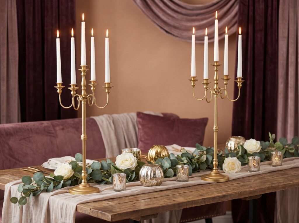 Gold five-arm candelabra with white taper candles on a wooden table with white roses and greenery garland for an elegant romantic proposal setting