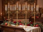 Tall gold candelabra with multiple white taper candles beside a rustic table decorated with red roses and greenery for a classic proposal dinner