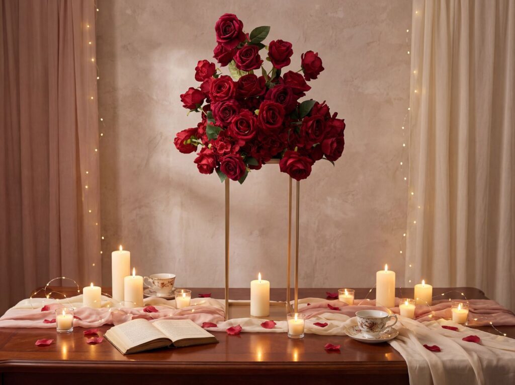 Elegant tall red rose arrangement on a gold stand beside a candlelit dinner table with rose petals and string lights for a romantic proposal dinner