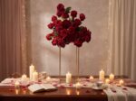 Elegant tall red rose arrangement on a gold stand beside a candlelit dinner table with rose petals and string lights for a romantic proposal dinner