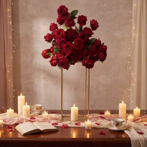 Elegant tall red rose arrangement on a gold stand beside a candlelit dinner table with rose petals and string lights for a romantic proposal dinner