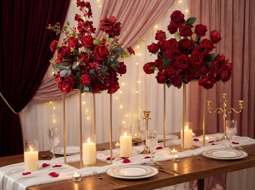 Lush red rose arrangement on a gold stand beside a place-setting dinner table with candelabras and mauve drapery for an intimate proposal dinner setup