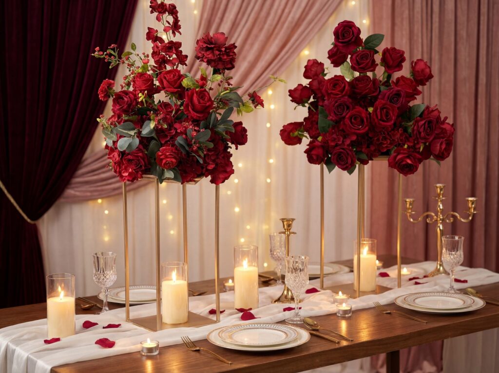 Lush red rose arrangement on a gold stand beside a place-setting dinner table with candelabras and mauve drapery for an intimate proposal dinner setup