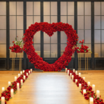 Tall red rose heart arch framing a candlelit aisle inside a grand hall with floor-to-ceiling windows for an indoor marriage proposal