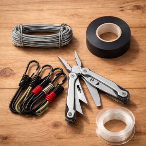 Proposal setup toolkit flat lay including cable ties, multi-tool, tape, and wire, professional proposal installation equipment