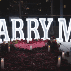 Bold glowing MARRY ME marquee letter signs surrounded by red roses and candles in a dramatic rooftop setting with dark NYC skyline at night